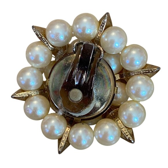 Vintage Faux Pearl & Rhinestone Floral Clip-On Earrings - Picture 10 of 13